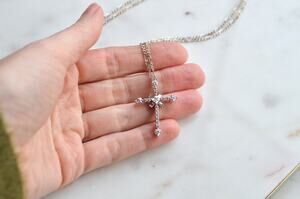 Vintage Sterling Silver 925 Dainty Cross Necklace JAS Long Figaro Chain 18"